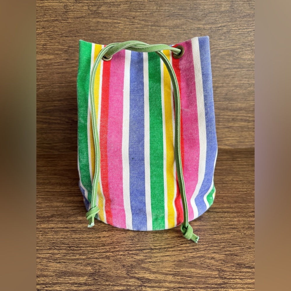 Vintage Fine Canvas Accessories Of Maine Rainbow Striped Drawstring Bucket‎ Bag